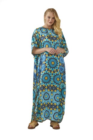 Mavi Elhamra Desenli İpek Elbise