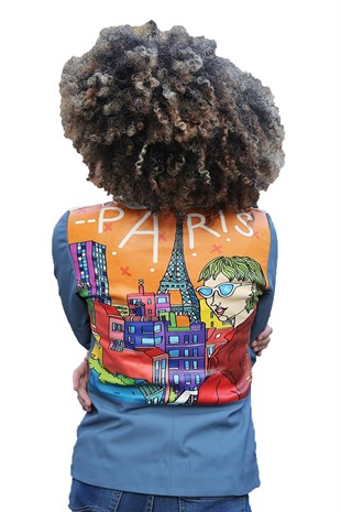 Paris Baskılı Kadın Deri Ceket
