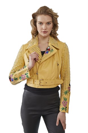 Shiny Sarı Kadın Deri Ceket
