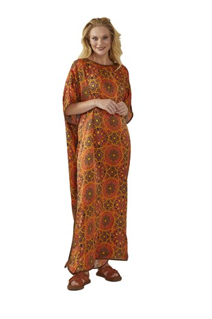 Turuncu Elhamra Desenli İpek Elbise